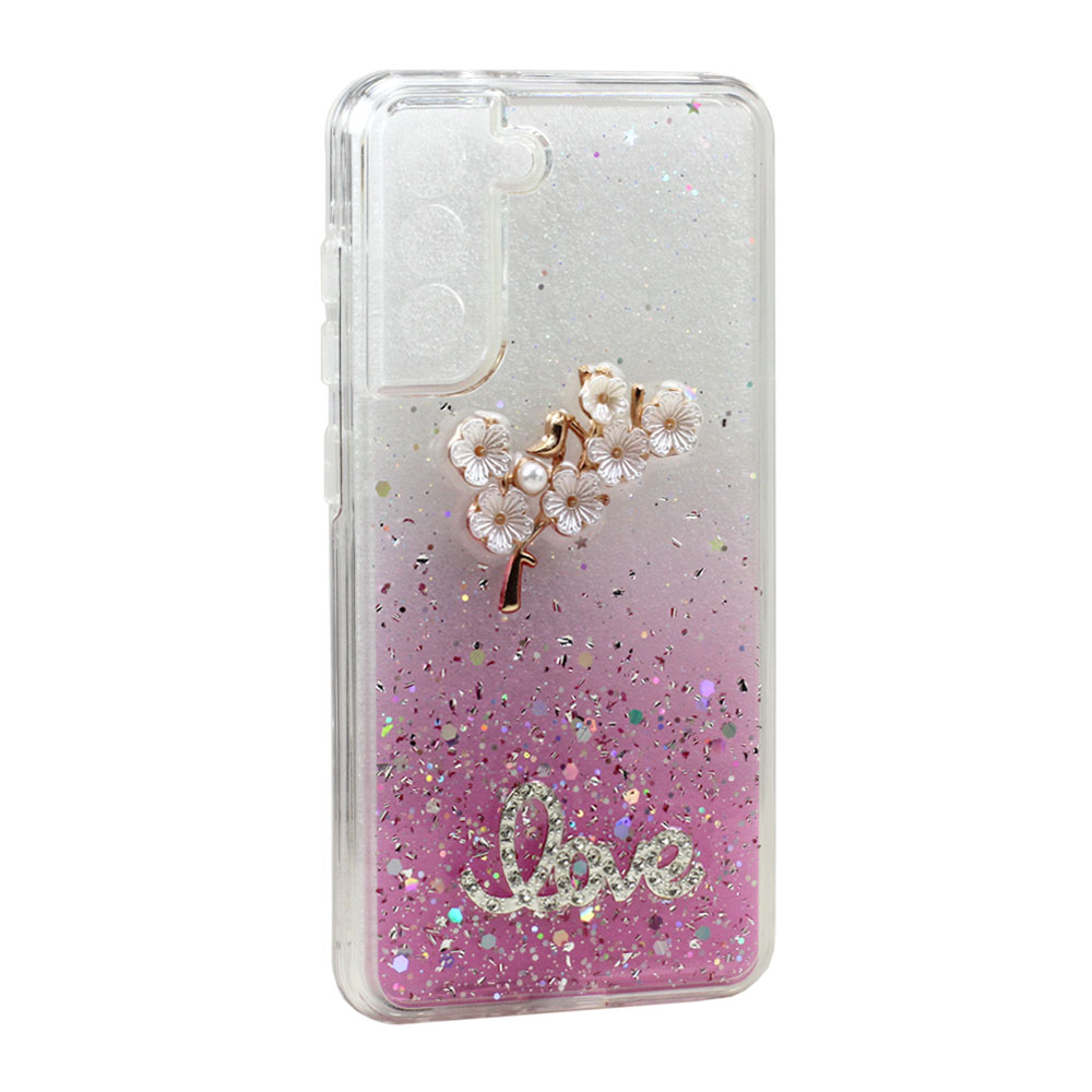 Jewel Glitter 3D FLOWER Love Crystal Armor Hybrid Case for Samsung Galaxy S21 FE 5G (Pink)